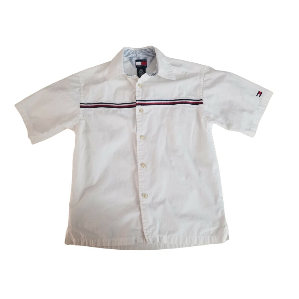 Tommy Hilfiger Boys Size S/P SS Button Down Shirt Logo Grosgrain Ribbon Contrast